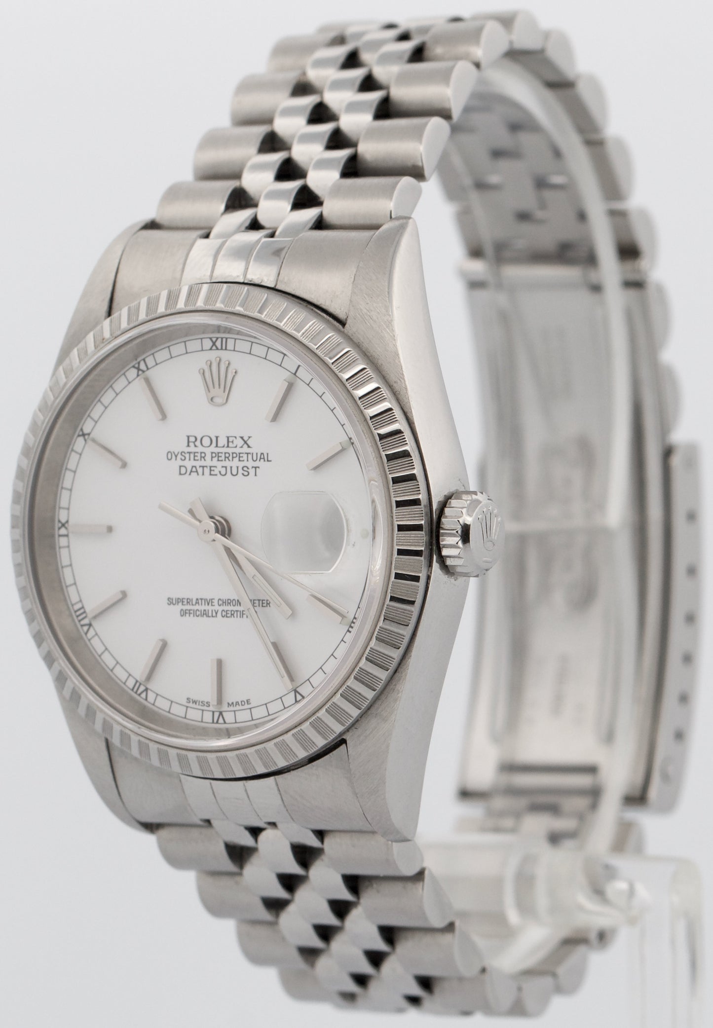 PAPERS Rolex DateJust WHITE 36mm Stainless Steel Engine-Turned JUBILEE 16220 BOX