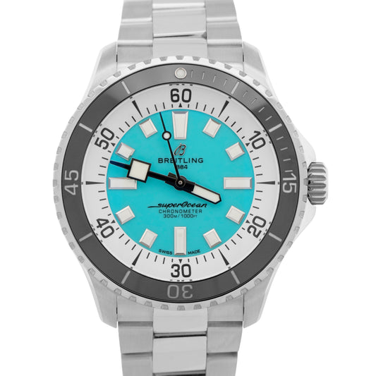 MINT PAPERS Breitling SuperOcean 44mm Turquoise Blue Steel Watch A17376 BOX