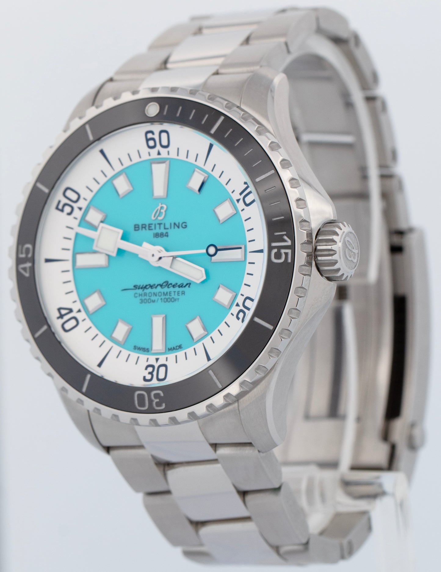 MINT PAPERS Breitling SuperOcean 44mm Turquoise Blue Steel Watch A17376 BOX