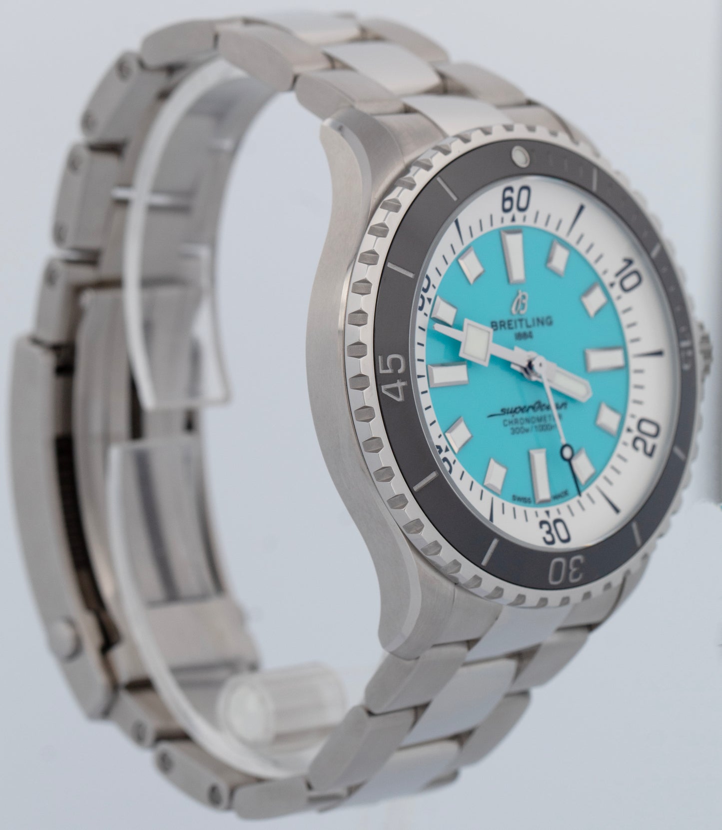 MINT PAPERS Breitling SuperOcean 44mm Turquoise Blue Steel Watch A17376 BOX