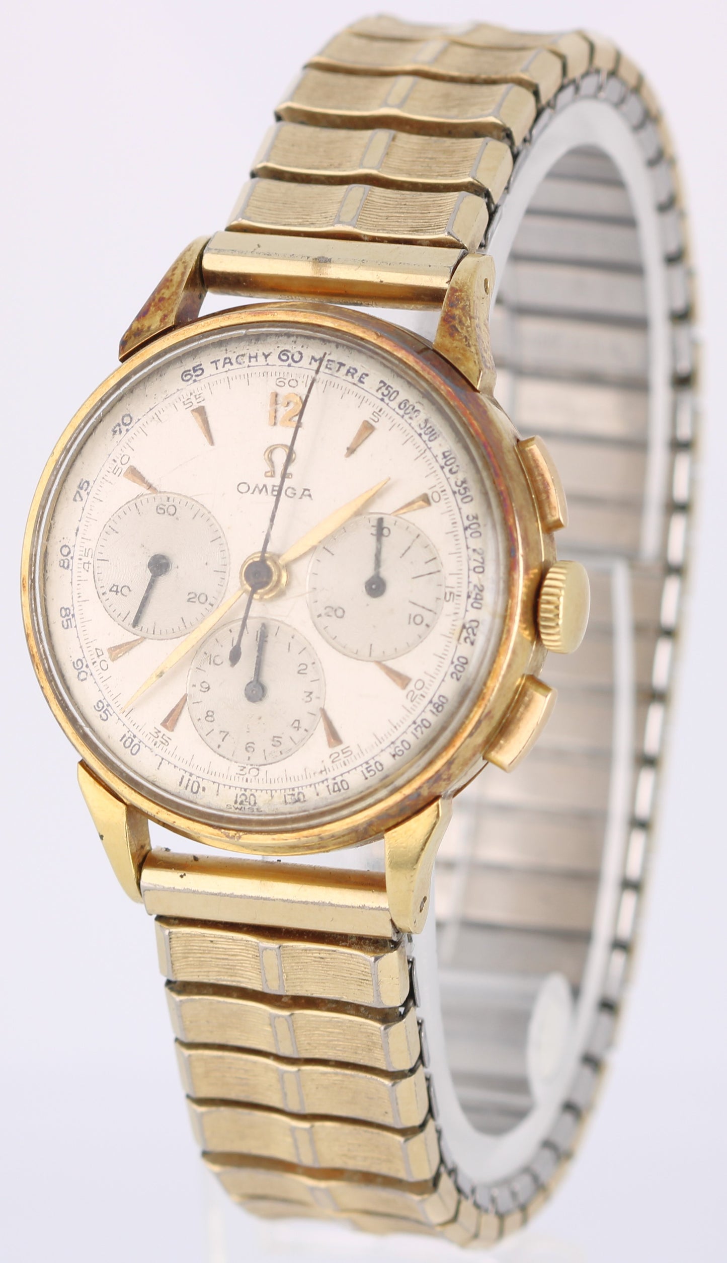 VINTAGE Omega Chronograph Tachymetre 14k Yellow Gold Silver 34mm 2279 Watch