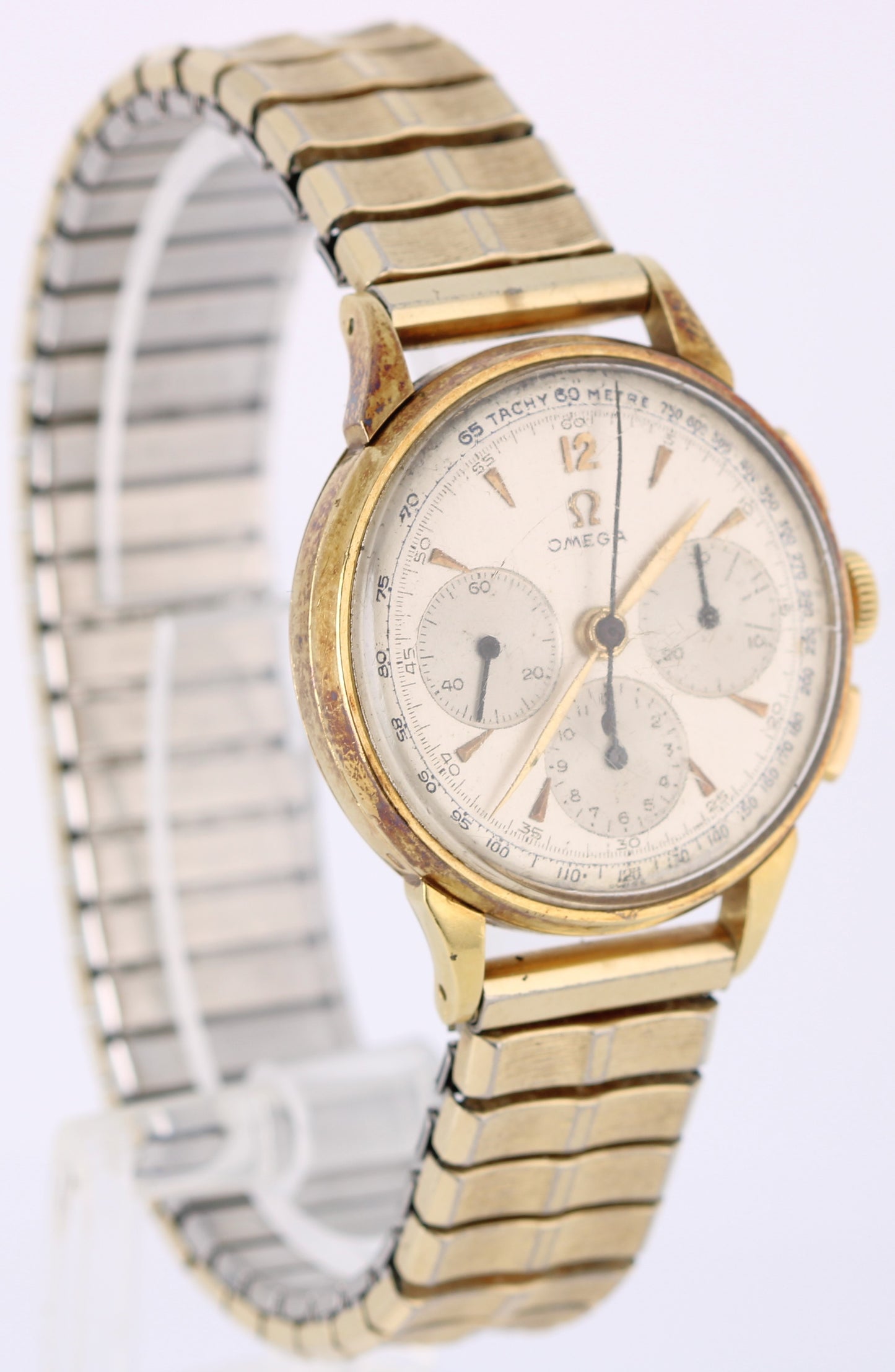 VINTAGE Omega Chronograph Tachymetre 14k Yellow Gold Silver 34mm 2279 Watch