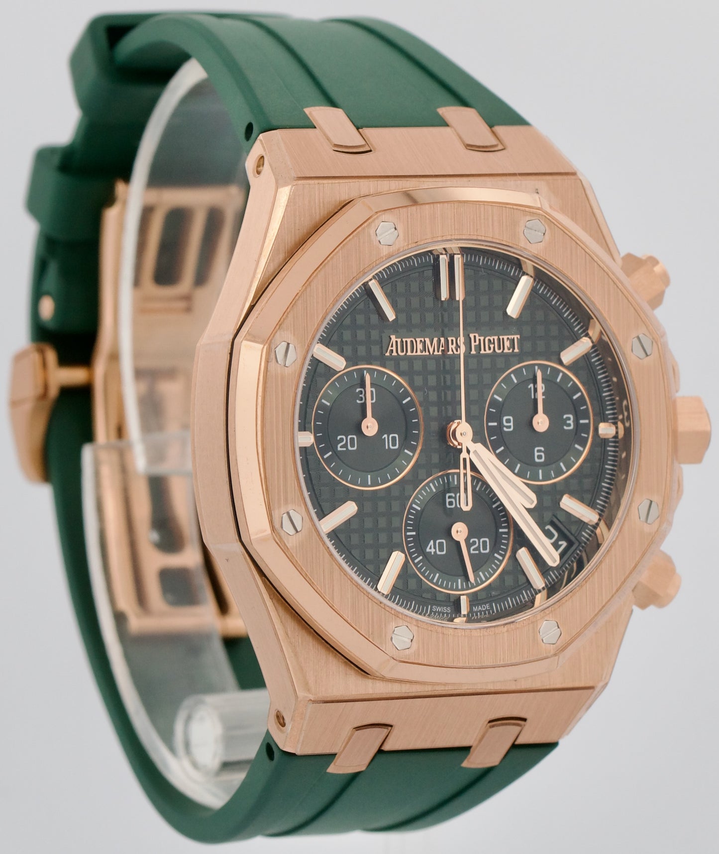 PAPERS Audemars Piguet Royal Oak Chrono GREEN 18K Rose Gold Watch 26240OR BOX