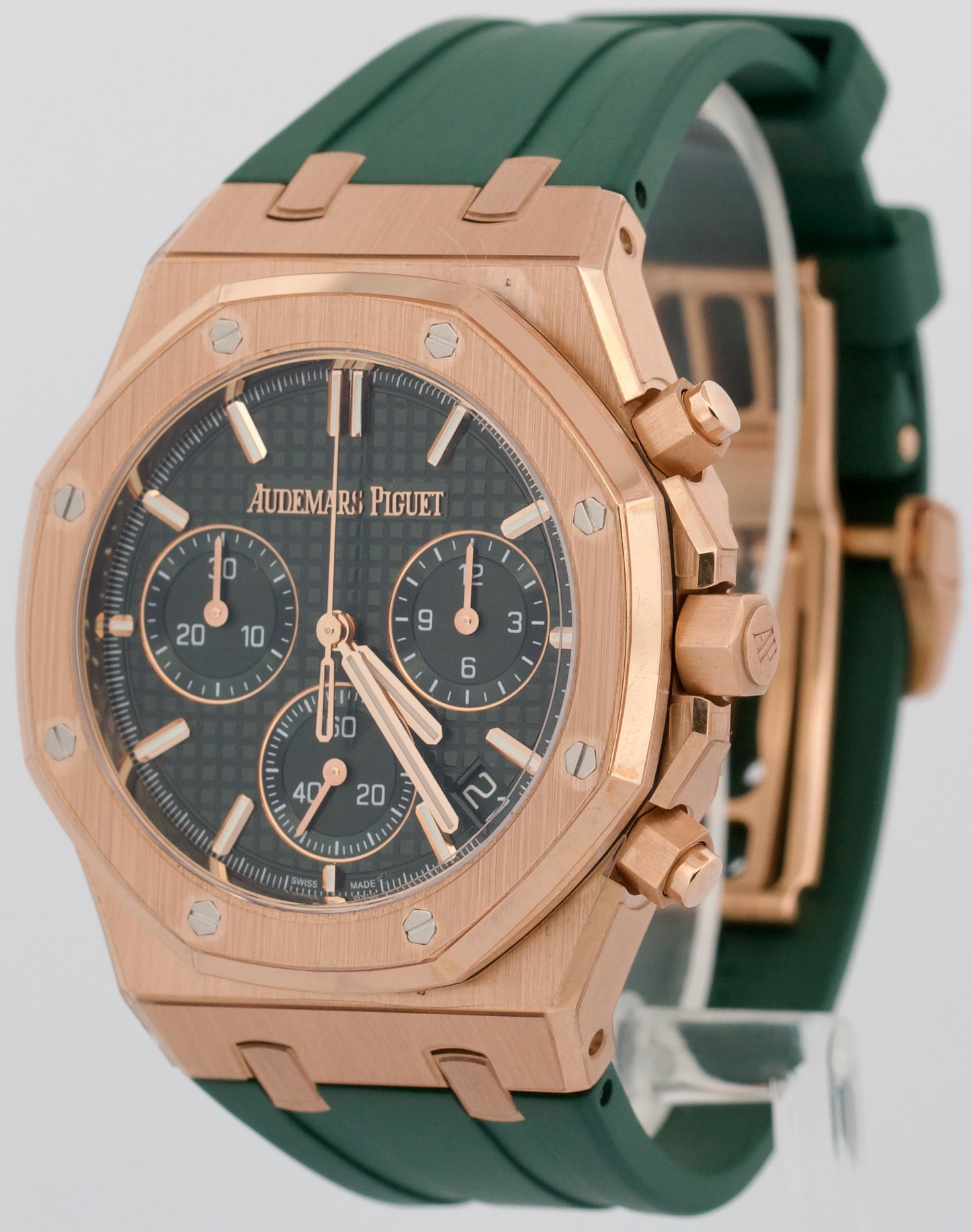 PAPERS Audemars Piguet Royal Oak Chrono GREEN 18K Rose Gold Watch 26240OR BOX