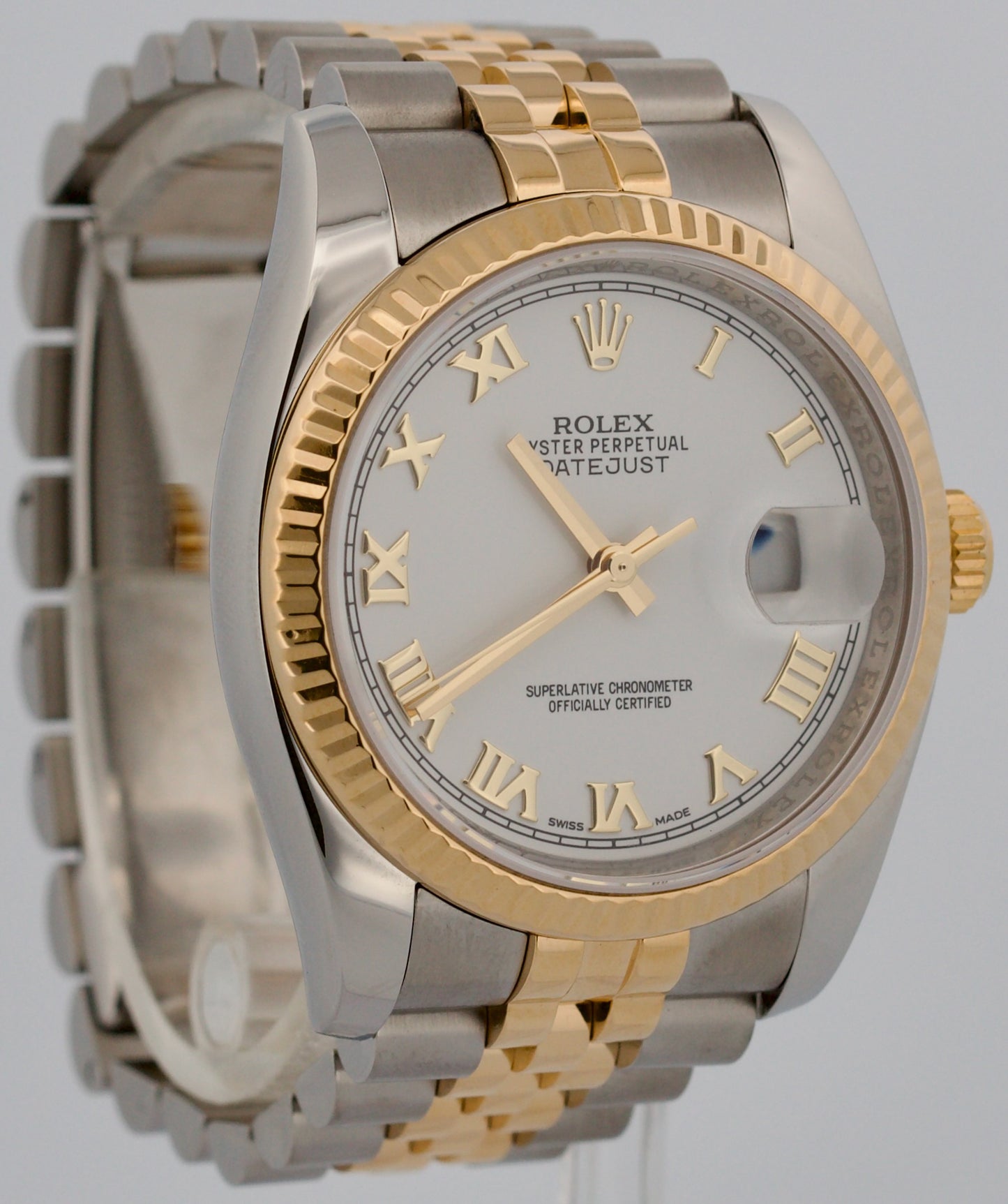 Rolex DateJust 36mm WHITE ROMAN Two-Tone JUBILEE Steel 18K Yellow Gold 116233