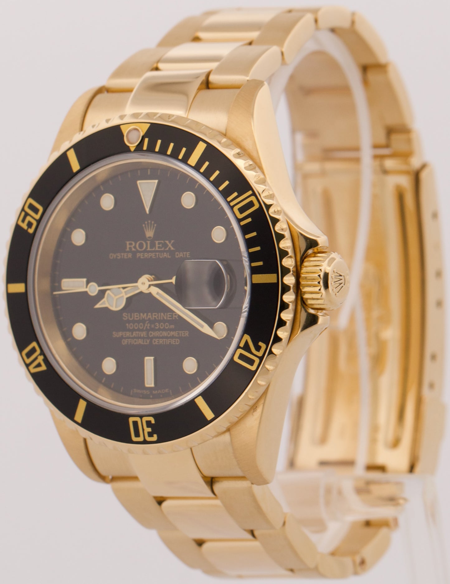 Rolex Submariner Date BLACK 18K Yellow Gold NO-HOLES Oyster 40mm 16618 Watch