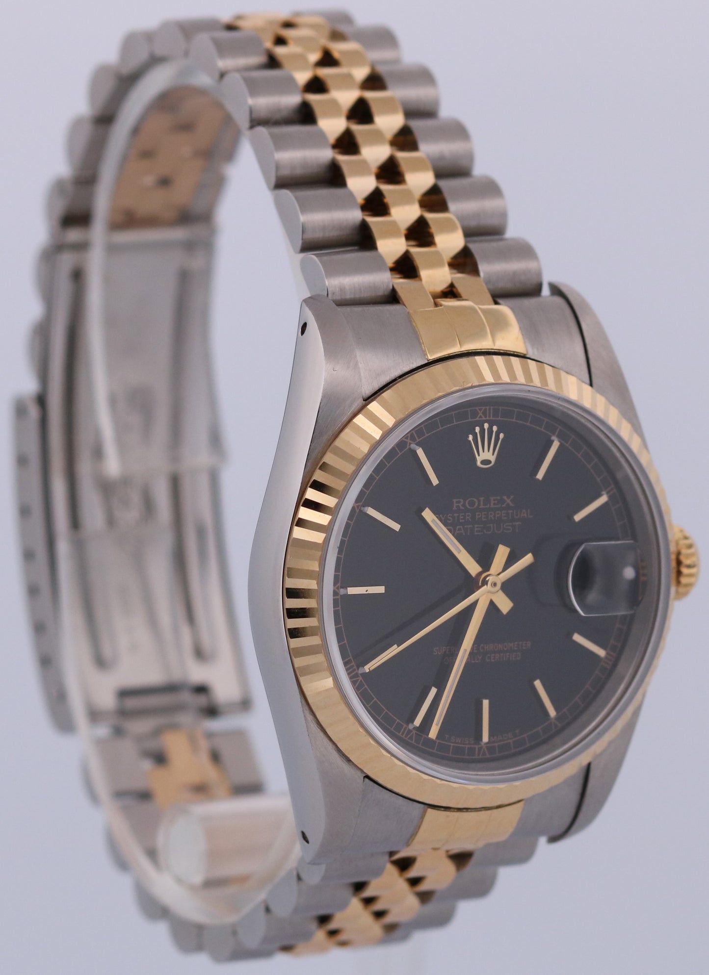 Rolex DateJust 36mm BLACK 18K Yellow Gold Stainless Steel JUBILEE 16233 Watch