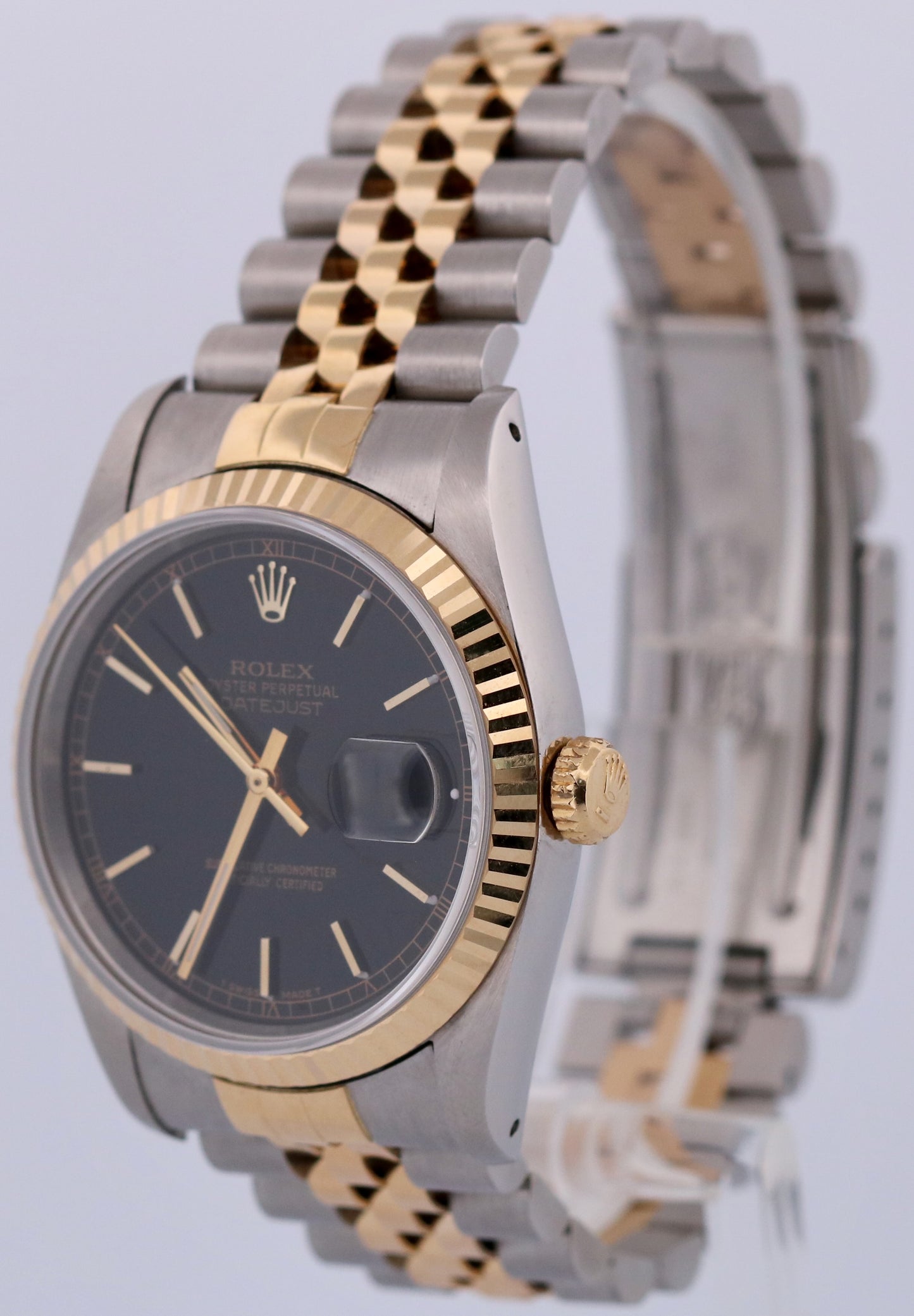 Rolex DateJust 36mm BLACK 18K Yellow Gold Stainless Steel JUBILEE 16233 Watch