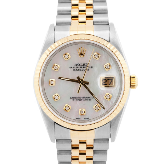 PAPERS Rolex DateJust 36mm MOP DIAMOND Two-Tone 18K Gold JUBILEE Watch 16233 BOX