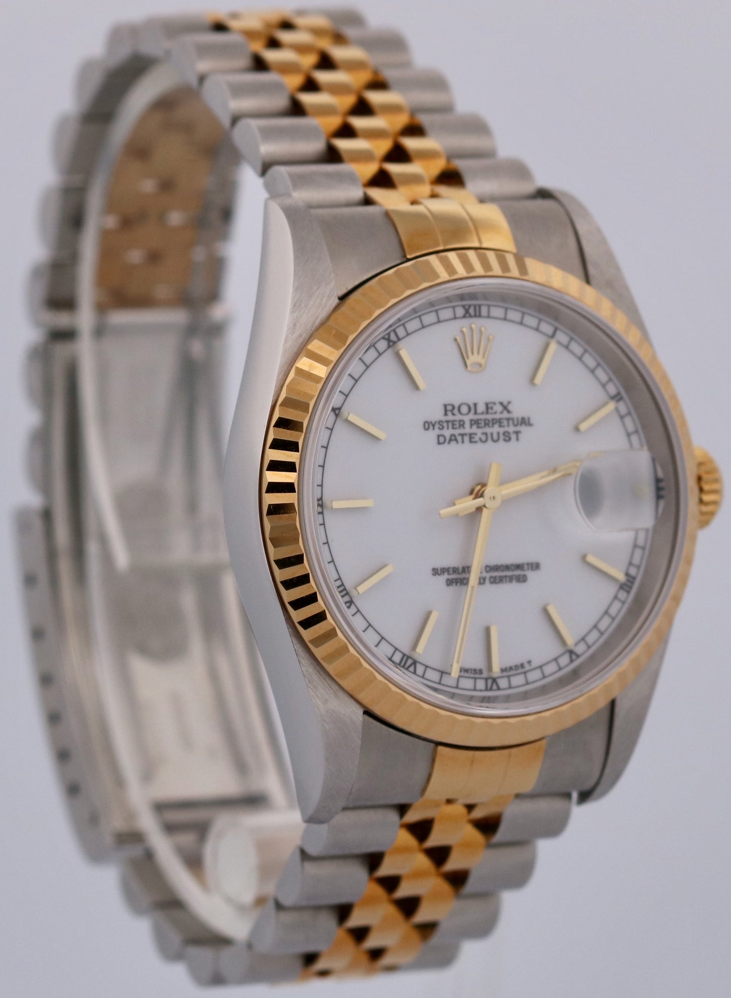 NEW 1999 PAPERS Rolex DateJust 36mm WHITE 18K Gold NOS Steel JUBILEE 16233 BOX