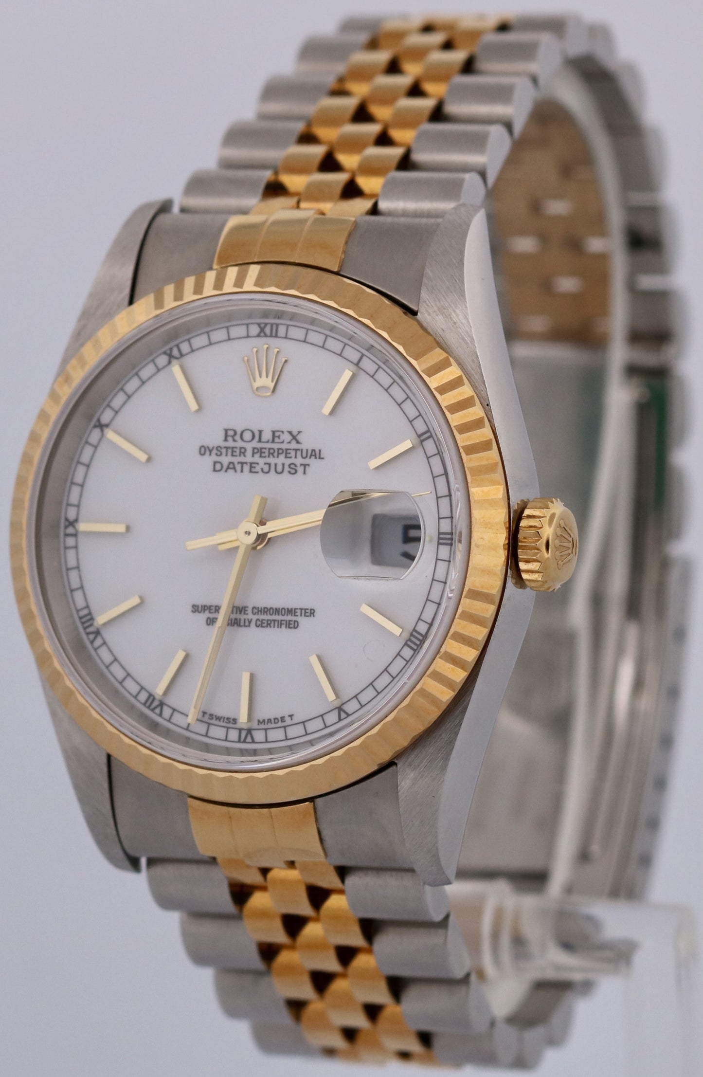 NEW 1999 PAPERS Rolex DateJust 36mm WHITE 18K Gold NOS Steel JUBILEE 16233 BOX