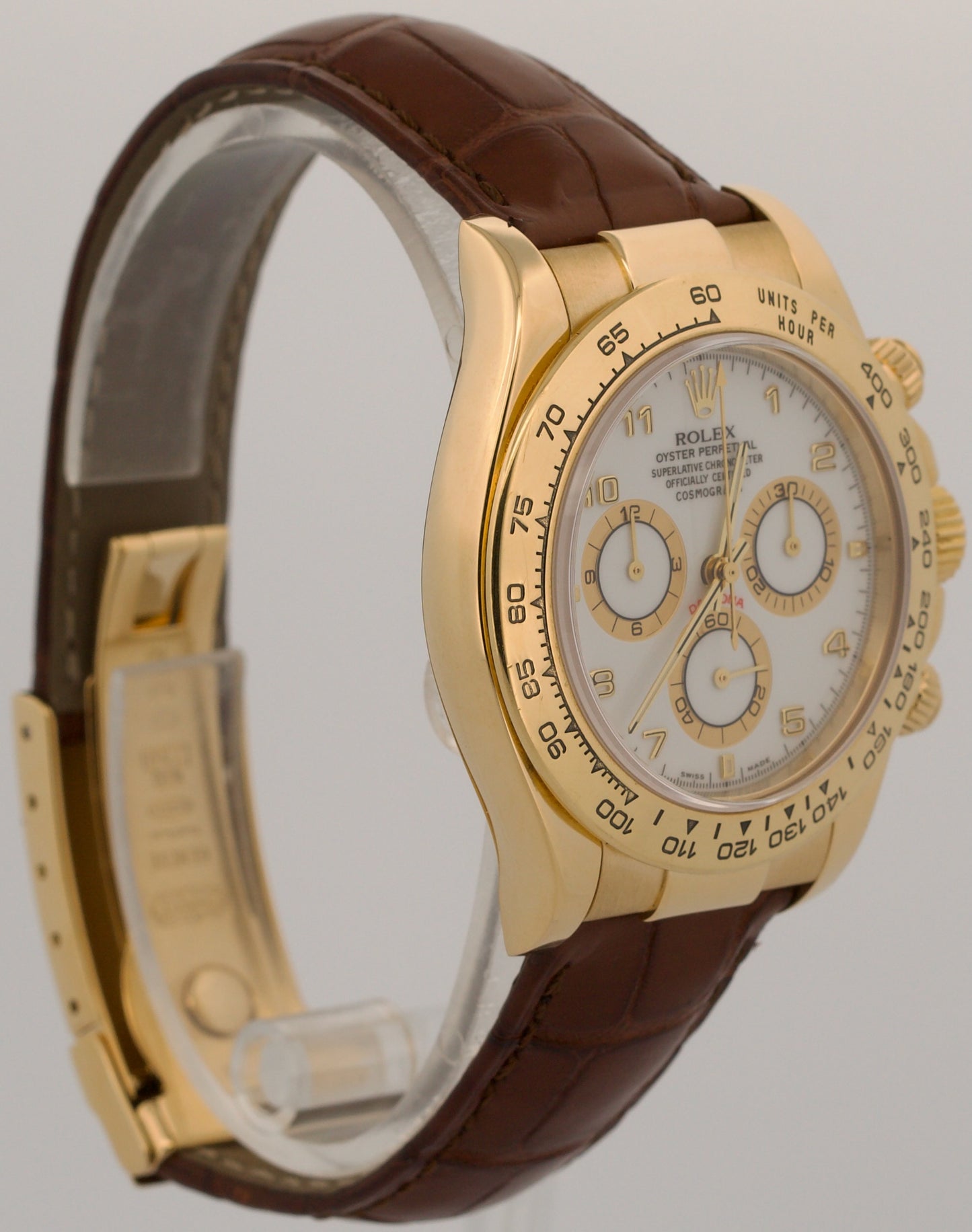 Rolex Daytona Cosmograph WHITE ARABIC 18K Yellow Gold Brown Leather 116518