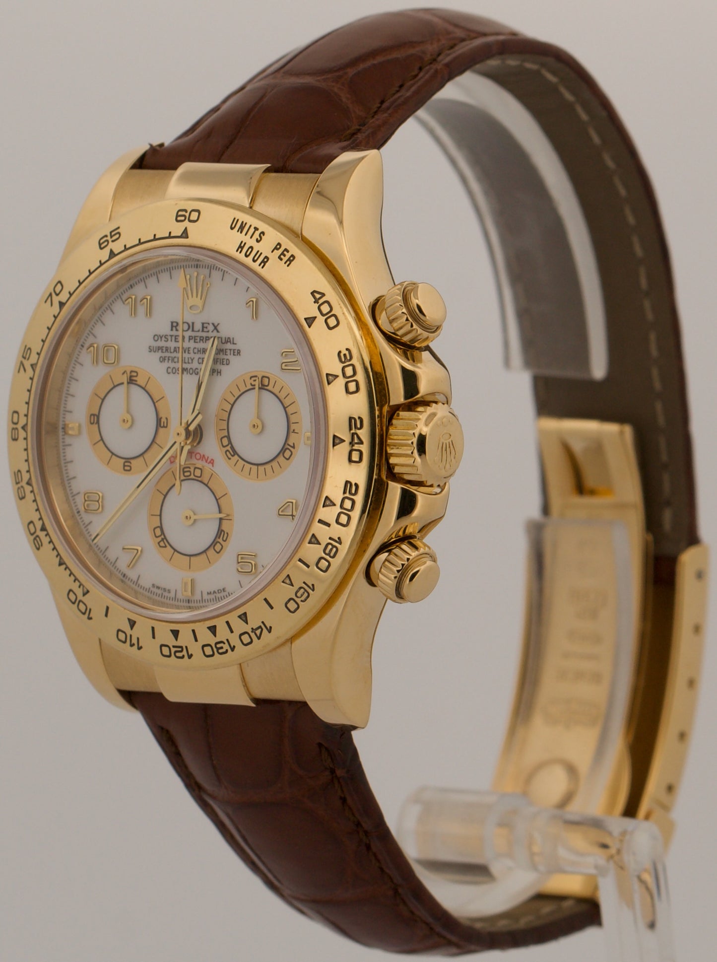 Rolex Daytona Cosmograph WHITE ARABIC 18K Yellow Gold Brown Leather 116518