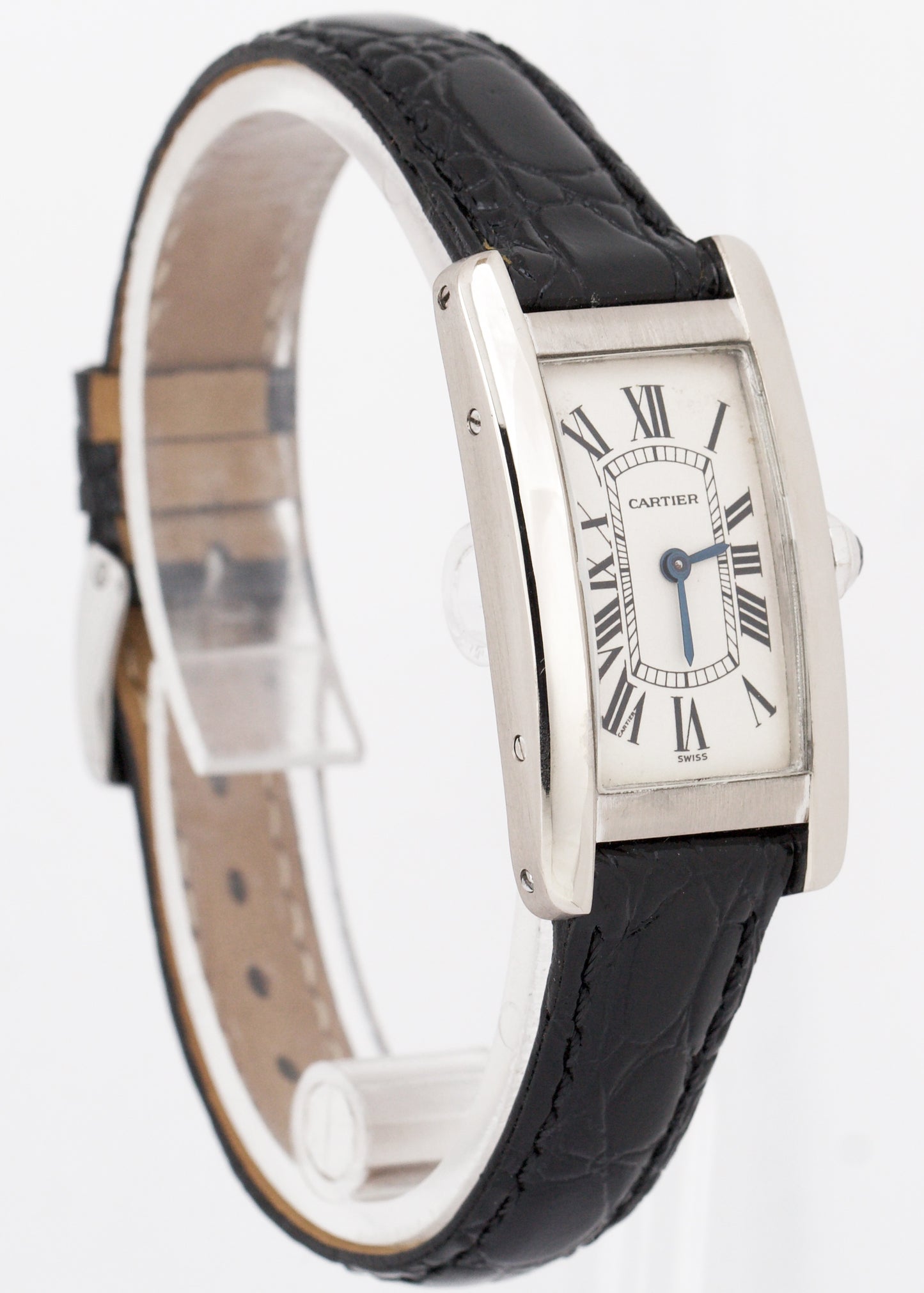 Cartier Tank Americaine 18k White Gold 18x35mm Ivory Leather Quartz 1713 Watch