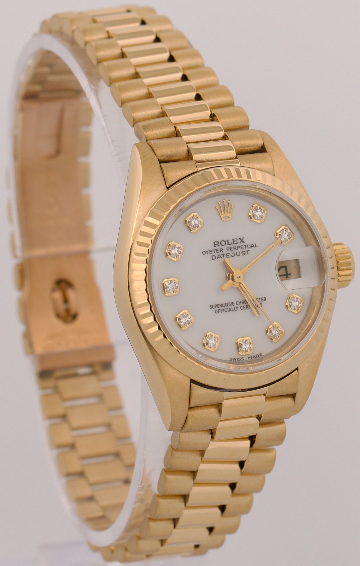 PAPERS Ladies Rolex DateJust President 26mm WHITE DIAMOND 18K Gold 69178 BOX