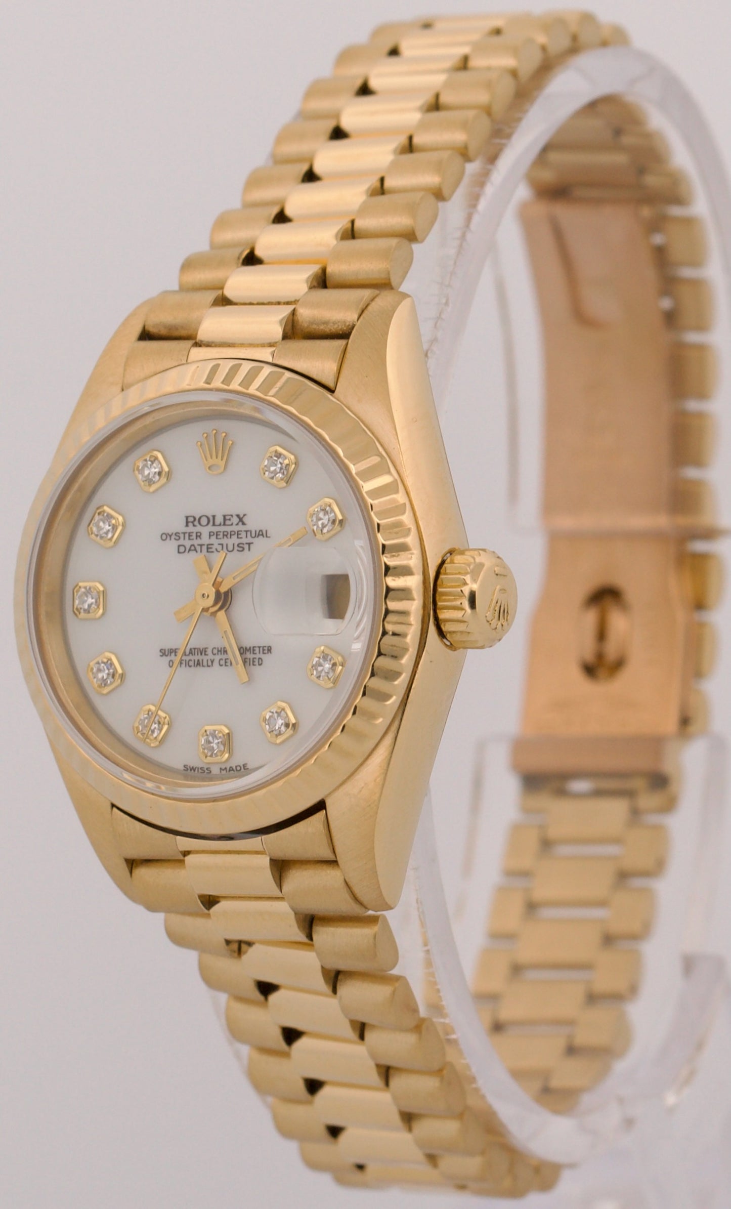 PAPERS Ladies Rolex DateJust President 26mm WHITE DIAMOND 18K Gold 69178 BOX