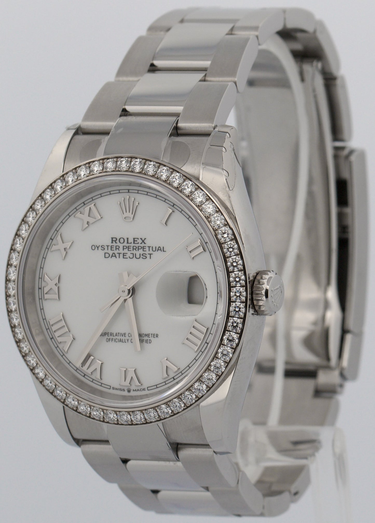 2025 PAPERS Rolex DateJust 36mm WHITE ROMAN Steel DIAMOND Oyster 126284 RBR BOX