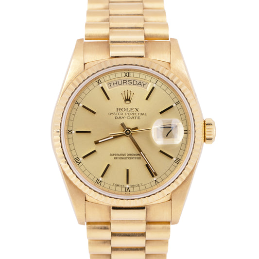 UNPOL. Rolex Day-Date President 36mm Champagne Yellow Gold Fluted Watch 18038