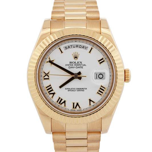 Rolex Day-Date II President WHITE Roman 18K Yellow Gold 41mm 218238 Watch