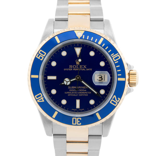 Rolex Submariner Date 40mm BLUE 18K Yellow Gold GOLD BUCKLE Steel 16613 Watch