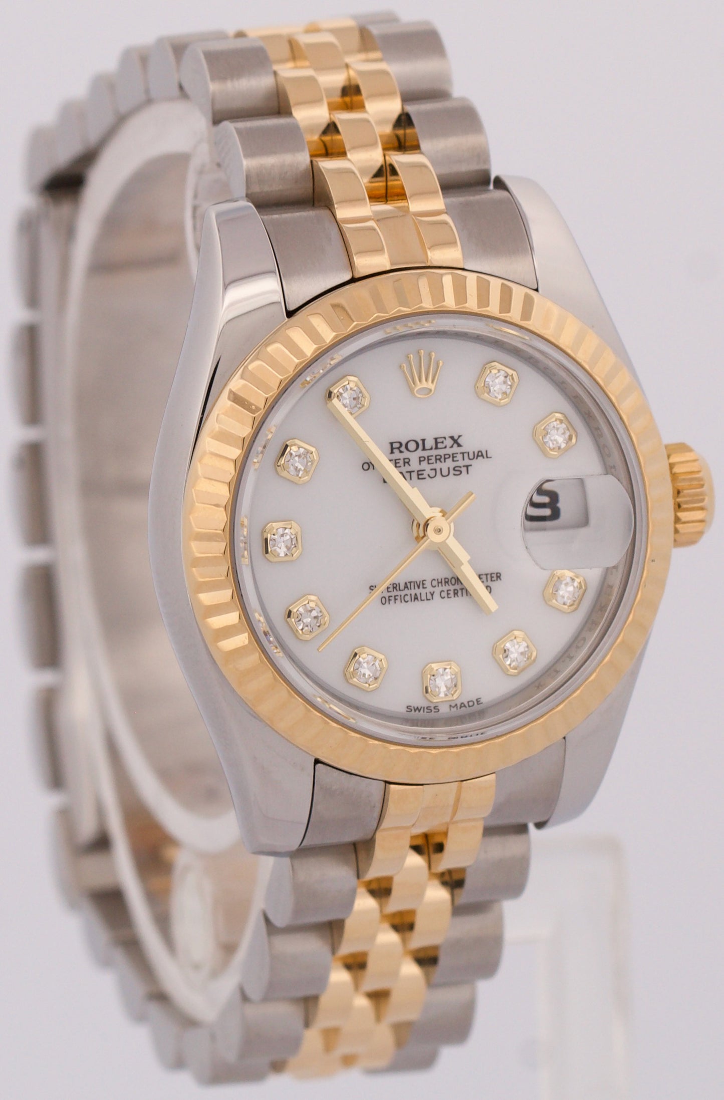 MINT Ladies Rolex DateJust WHITE DIAMOND 18K Gold 26mm JUBILEE Watch 179173