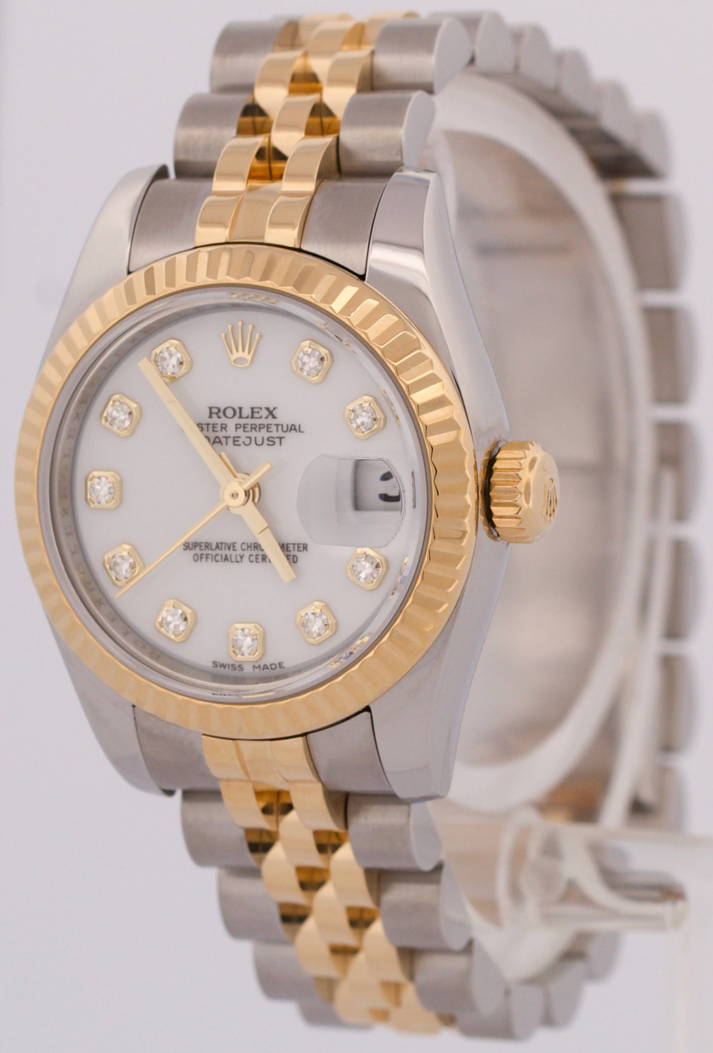 MINT Ladies Rolex DateJust WHITE DIAMOND 18K Gold 26mm JUBILEE Watch 179173