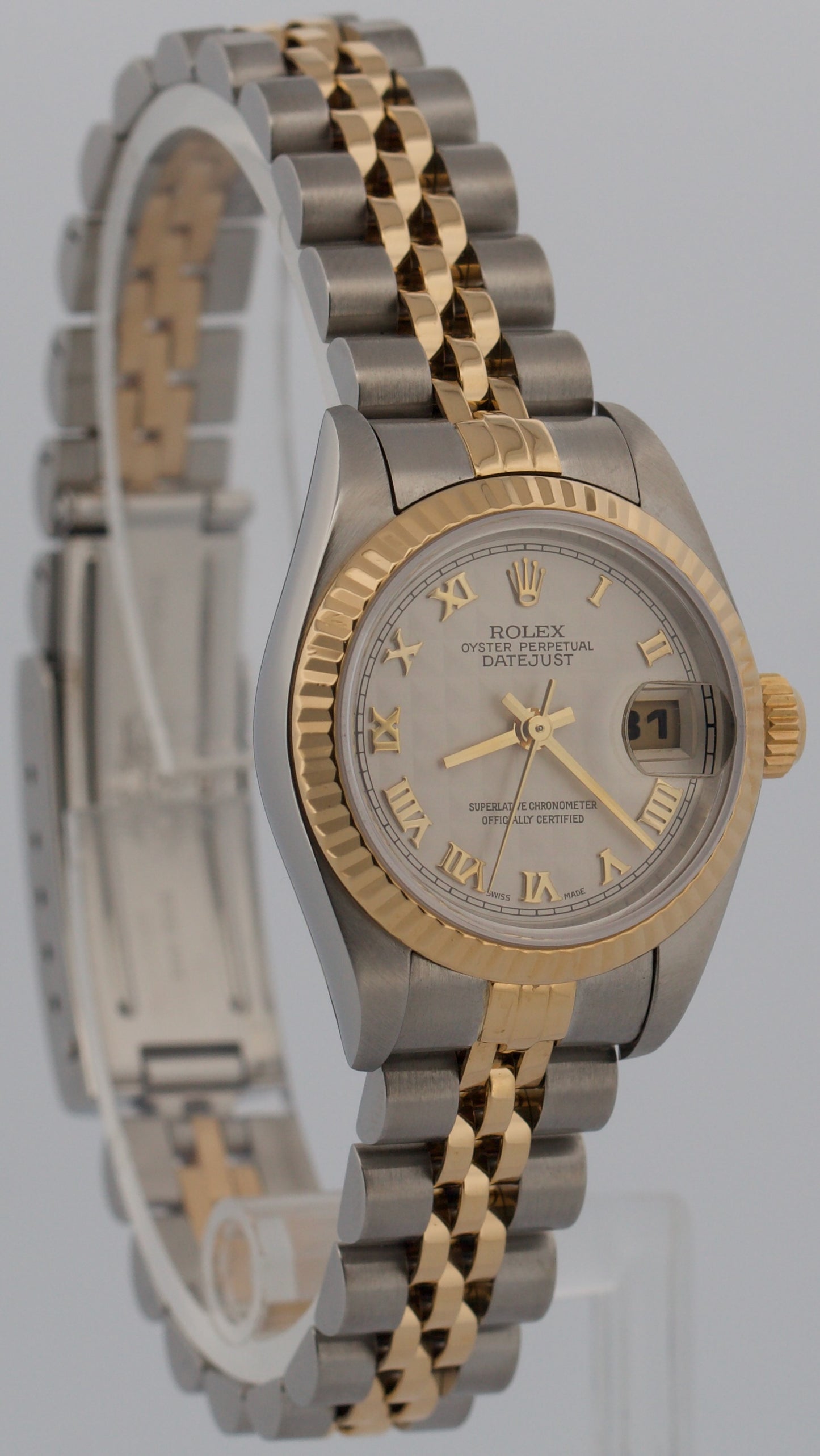 PAPERS Ladies Rolex DateJust IVORY ROMAN PYRAMID 18K 26mm JUBILEE 79173 BOX