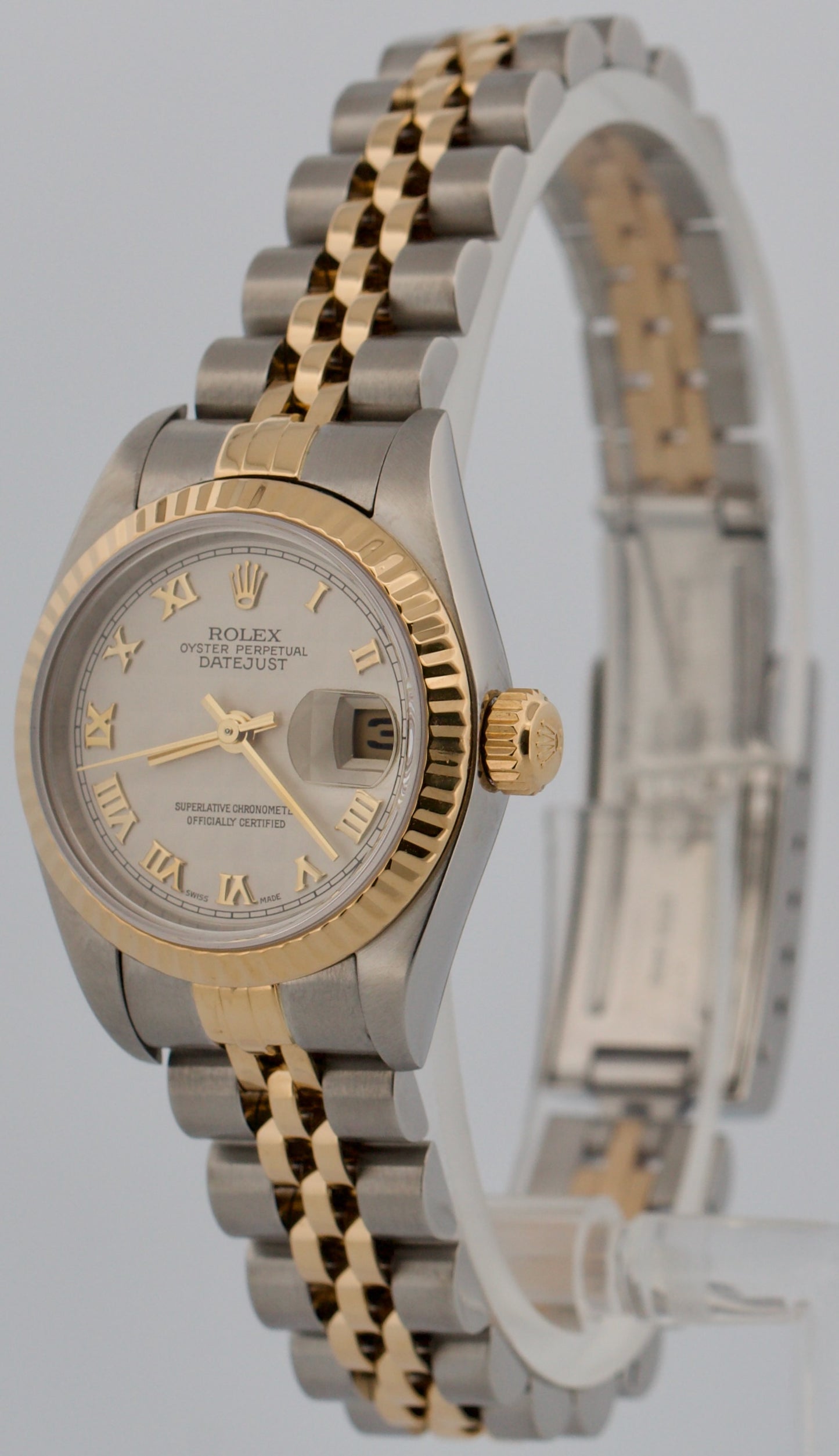 PAPERS Ladies Rolex DateJust IVORY ROMAN PYRAMID 18K 26mm JUBILEE 79173 BOX