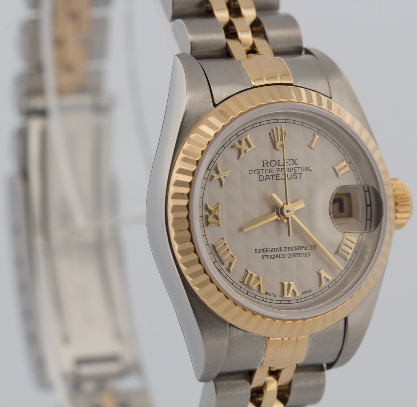PAPERS Ladies Rolex DateJust IVORY ROMAN PYRAMID 18K 26mm JUBILEE 79173 BOX