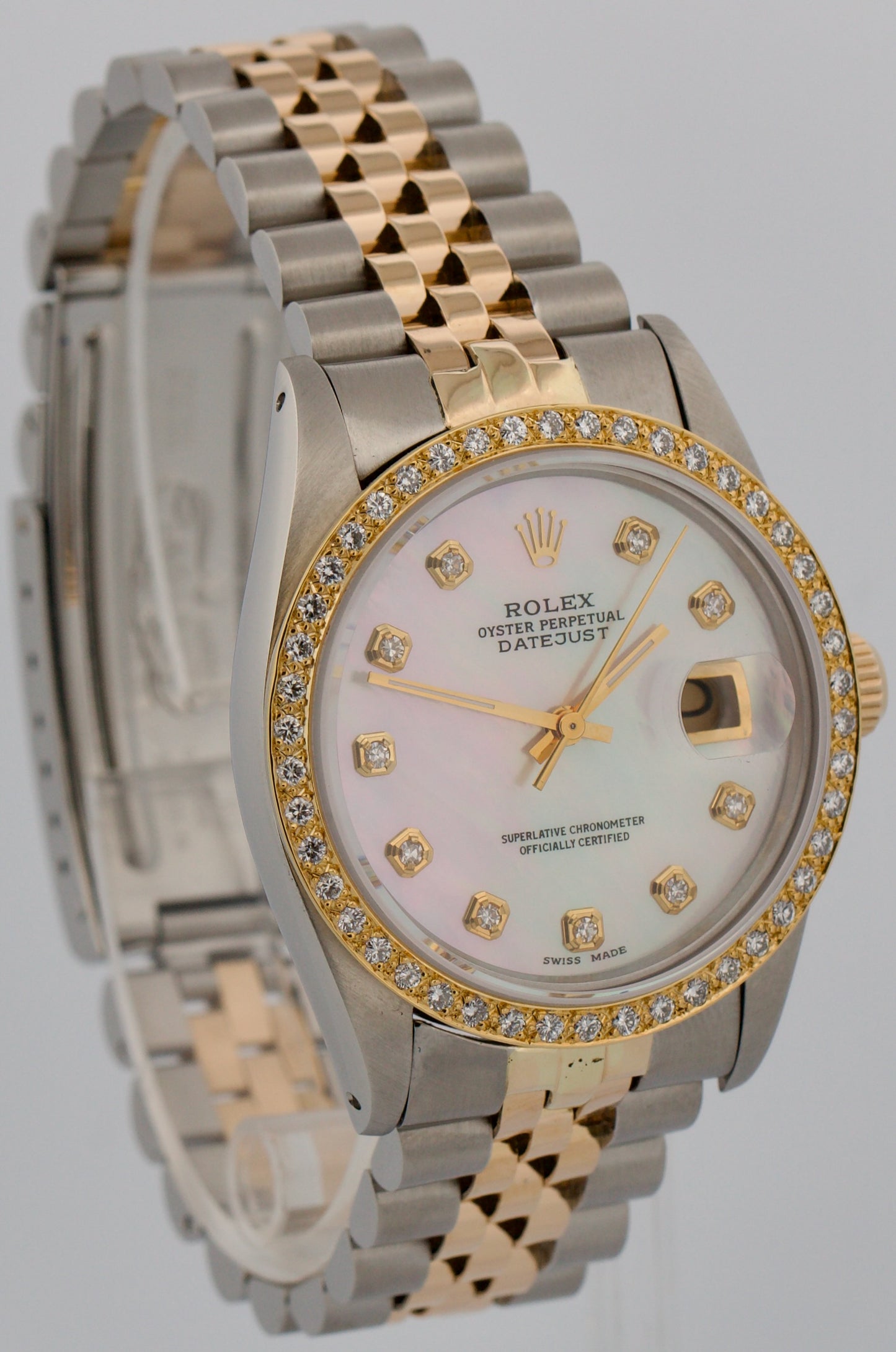 Rolex DateJust 36mm MOP DIAMOND Two-Tone 18K Yellow Gold JUBILEE Watch 16013