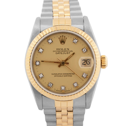Rolex DateJust Midsize DIAMOND CHAMPAGNE Two-Tone Gold Steel 31mm 68273 Watch