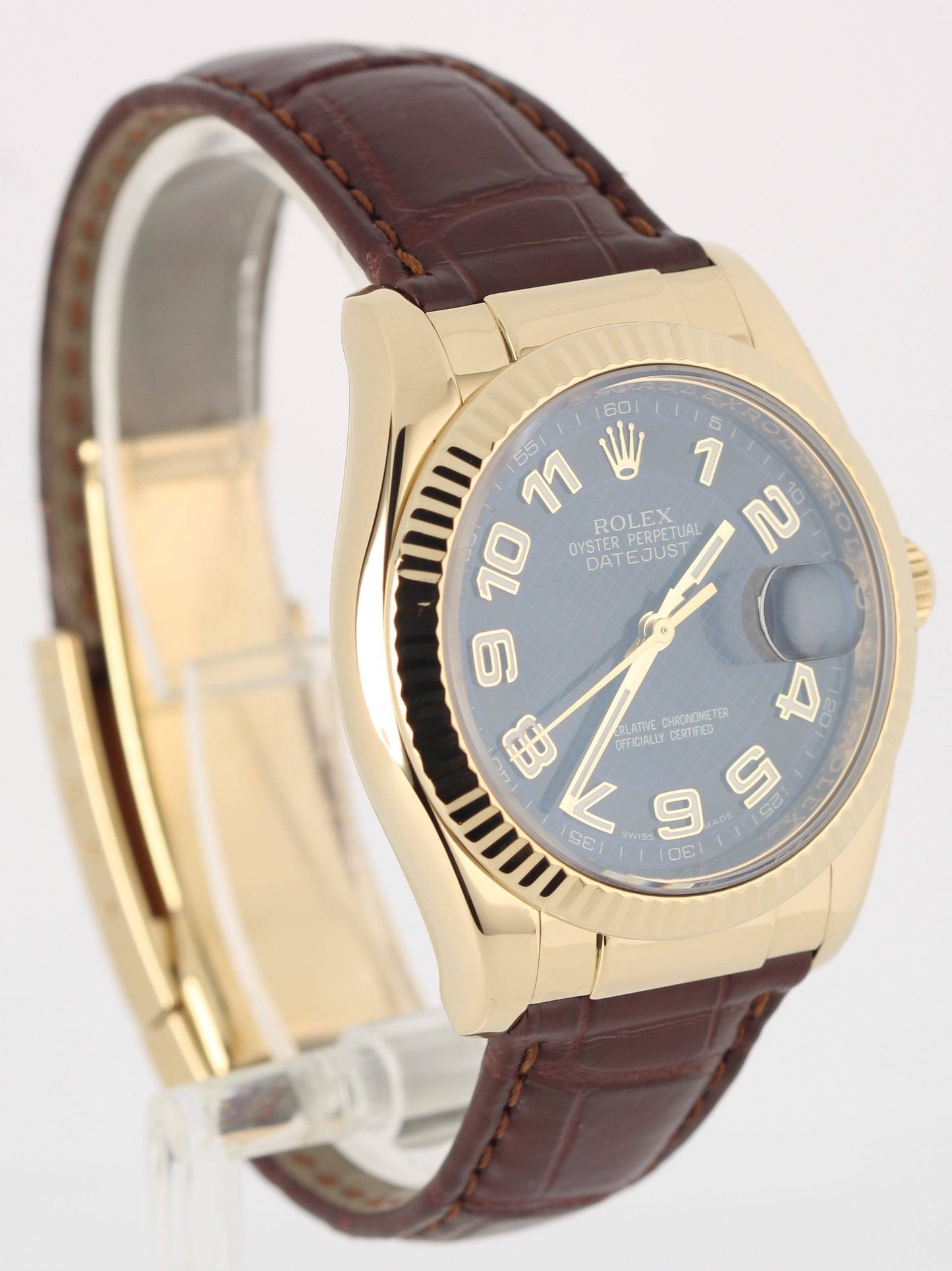 Rolex DateJust 18k Yellow Gold Blue Black Concentric Arabic 36mm 116138 Watch