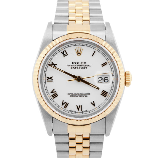 Rolex DateJust 36mm White 18K Yellow Gold JUBILEE Stainless Steel Watch 16233