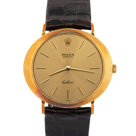 Rolex Cellini Champagne Bark 18K Yellow Gold Manual Leather 32mm Watch 3768