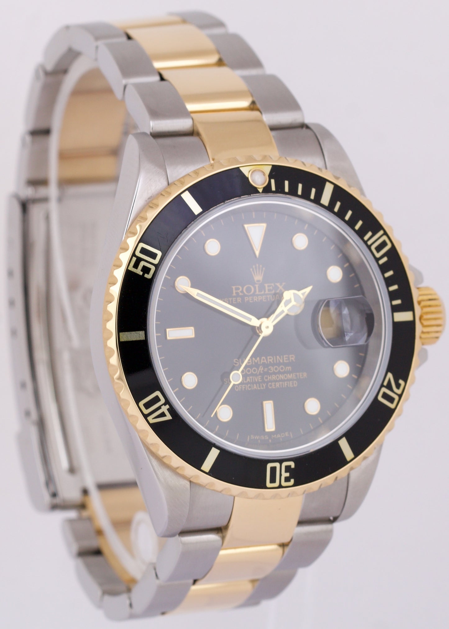 Rolex Submariner Date 40mm Black Two-Tone 18K Gold NO-HOLES Steel Watch 16613