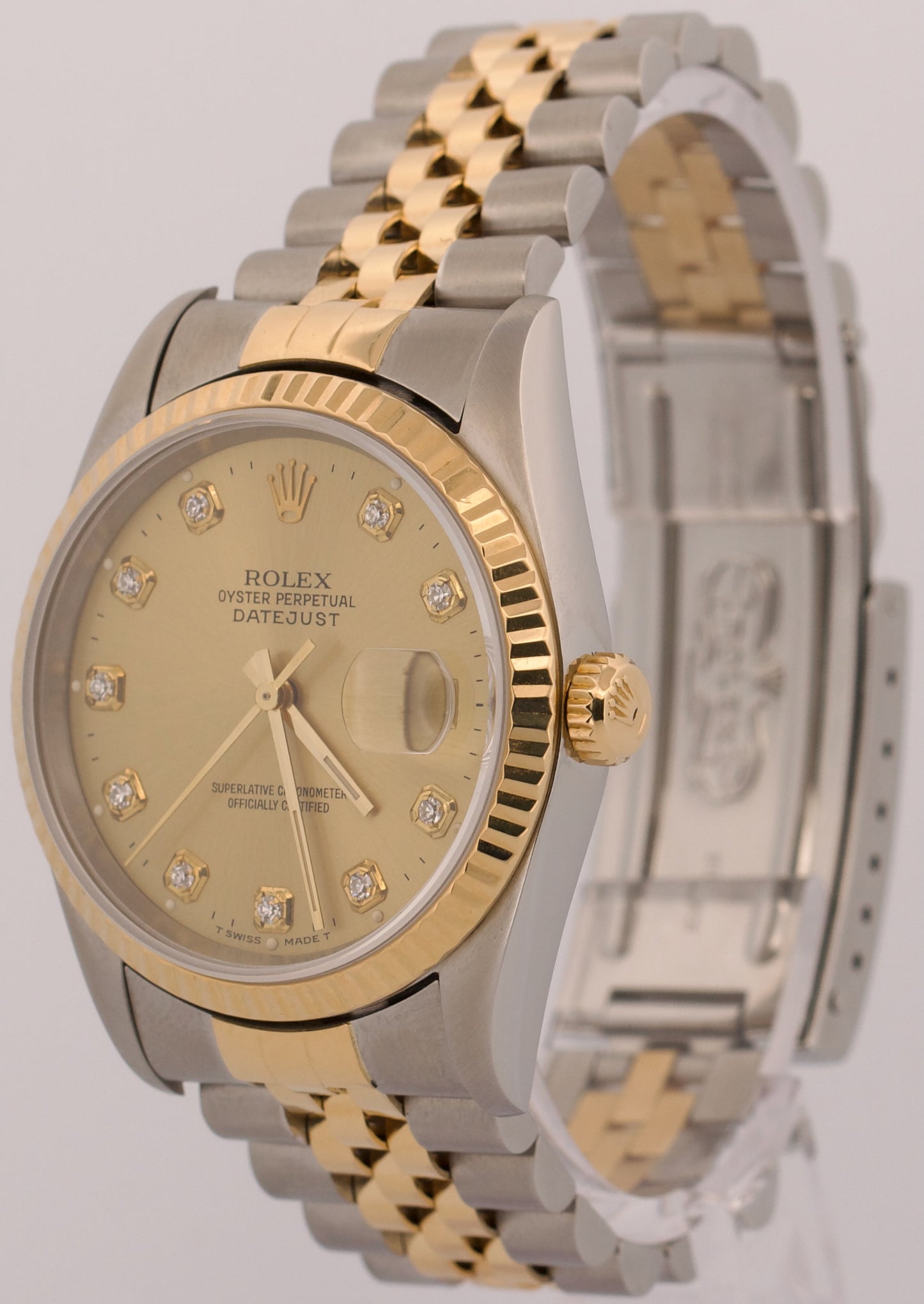 1995 Rolex DateJust 36mm CHAMPAGNE DIAMOND 18K Gold NO-HOLES Steel JUBILEE 16233