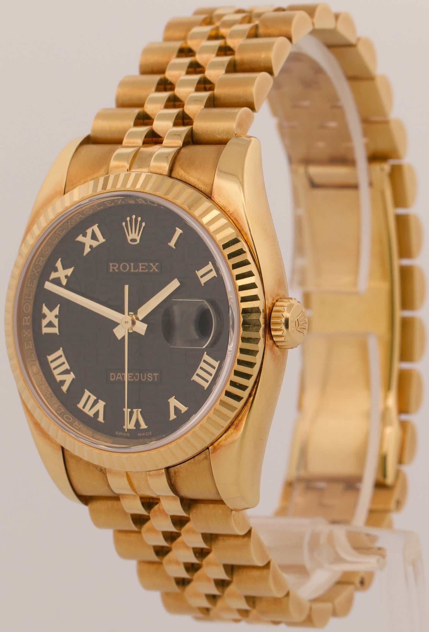 UNPOLISHED PAPERS Rolex DateJust 36mm BLACK ROMAN COMPUTER 18K REHAUT 116238 BOX