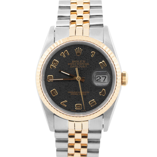 Rolex DateJust 36mm BLACK Jubilee 18K Yellow Gold JUBILEE Steel 16233 Watch