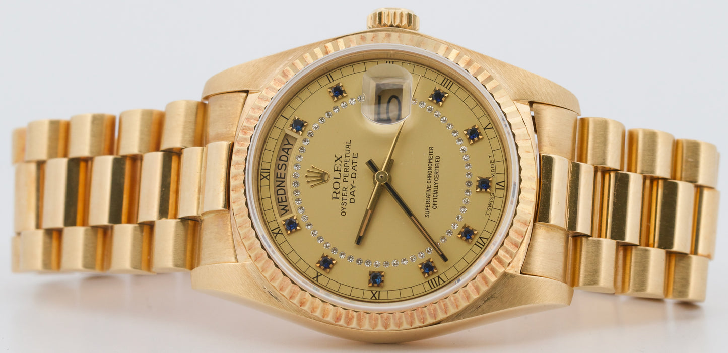 Rolex Day-Date President CHAMPAGNE DIAMOND SAPPHIRE STRING 36mm 18K Gold 18038