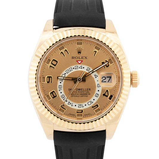 Rolex Sky-Dweller CHAMPAGNE Arabic 18K Yellow Gold 42mm Rubber 326138 Watch
