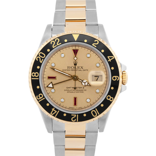 Rolex GMT-Master II CHAMPAGNE DIAMOND SERTI Two-Tone Gold Steel 40mm Watch 16713