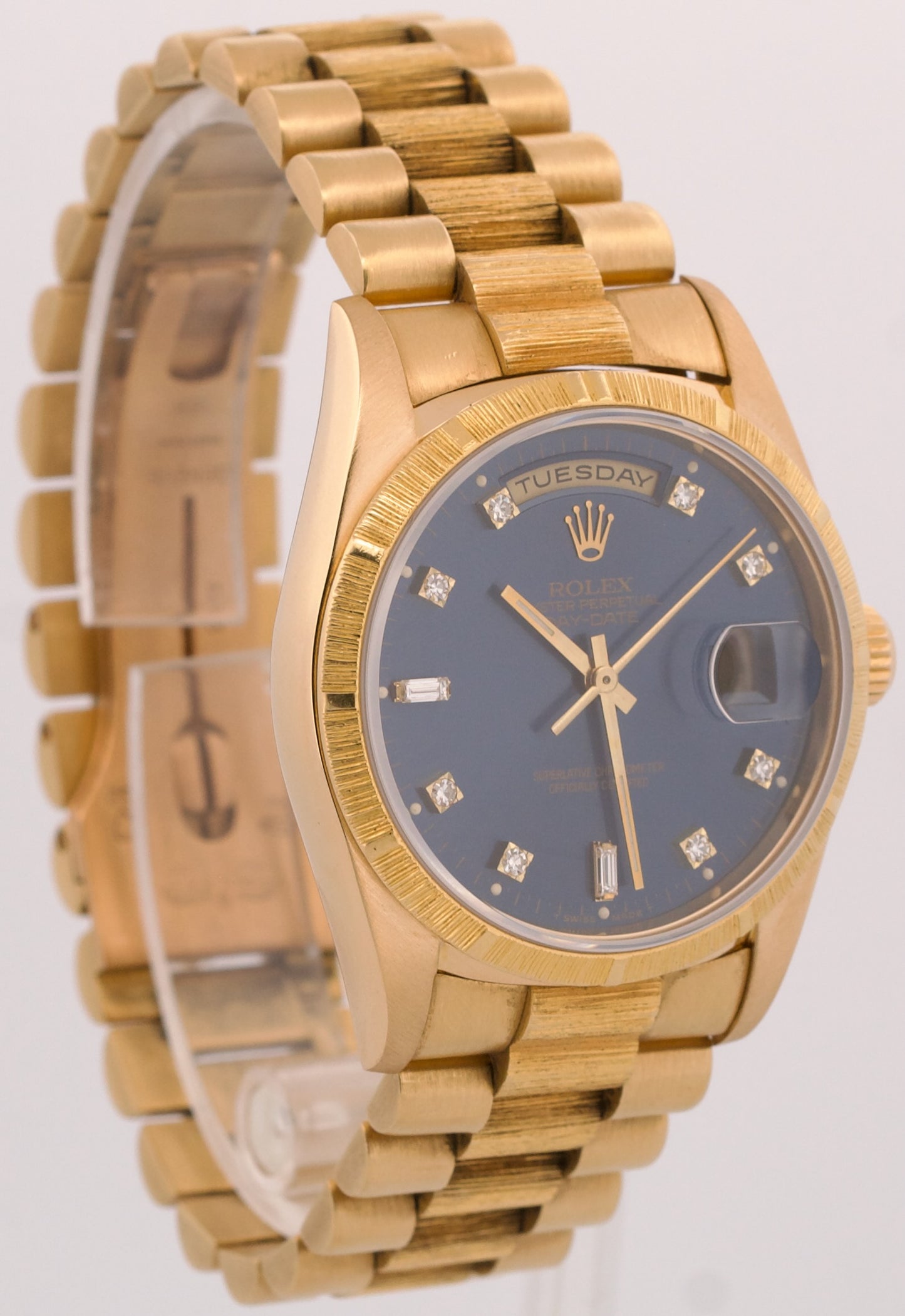 1991 Rolex Day-Date President 36mm BLUE DIAMOND 18K Yellow Gold BARK Watch 18248