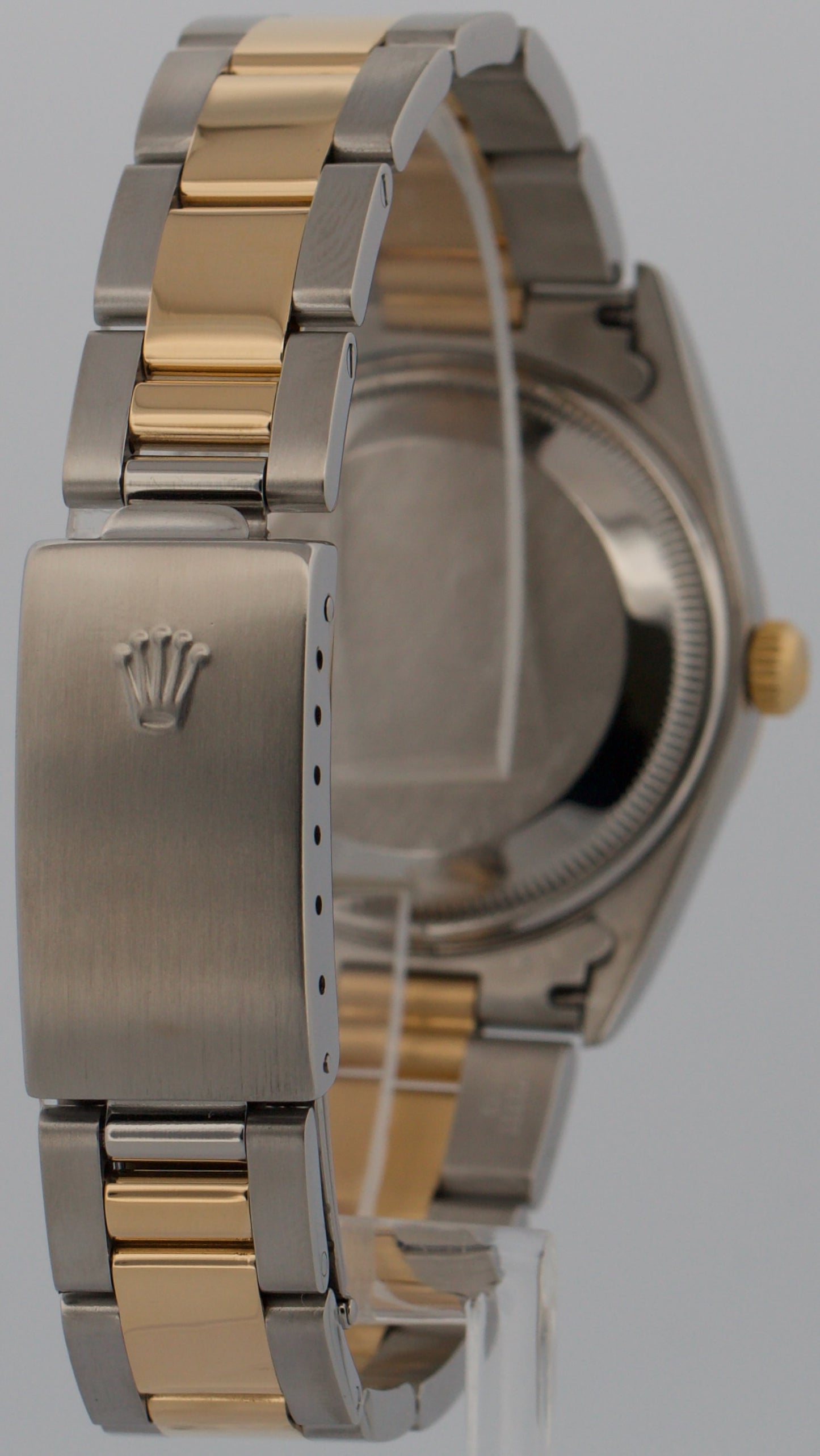 Rolex Oyster Perpetual Date 34mm CHAMPAGNE 18K Steel Engine-Turned Oyster 15233