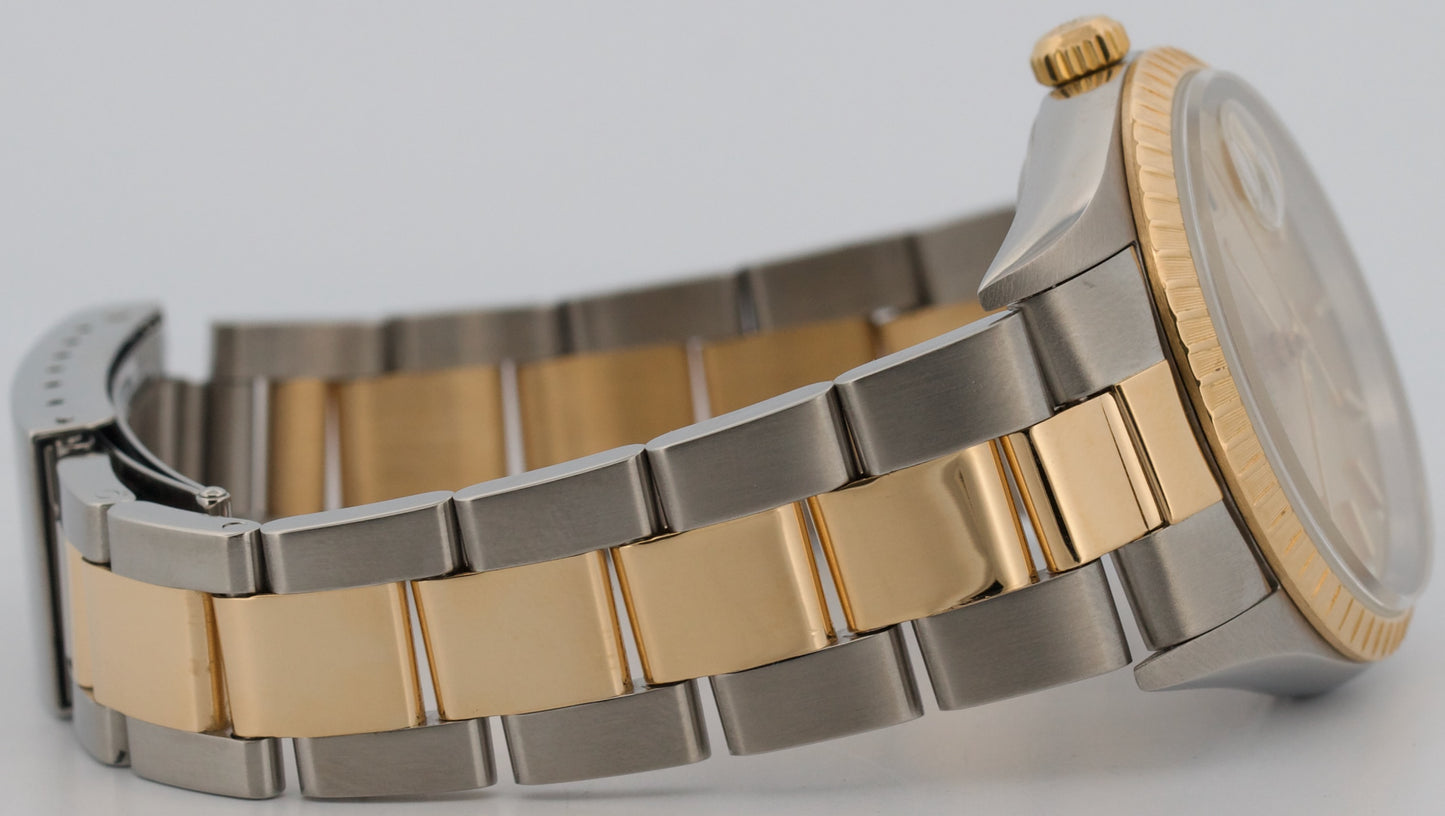 Rolex Oyster Perpetual Date 34mm CHAMPAGNE 18K Steel Engine-Turned Oyster 15233