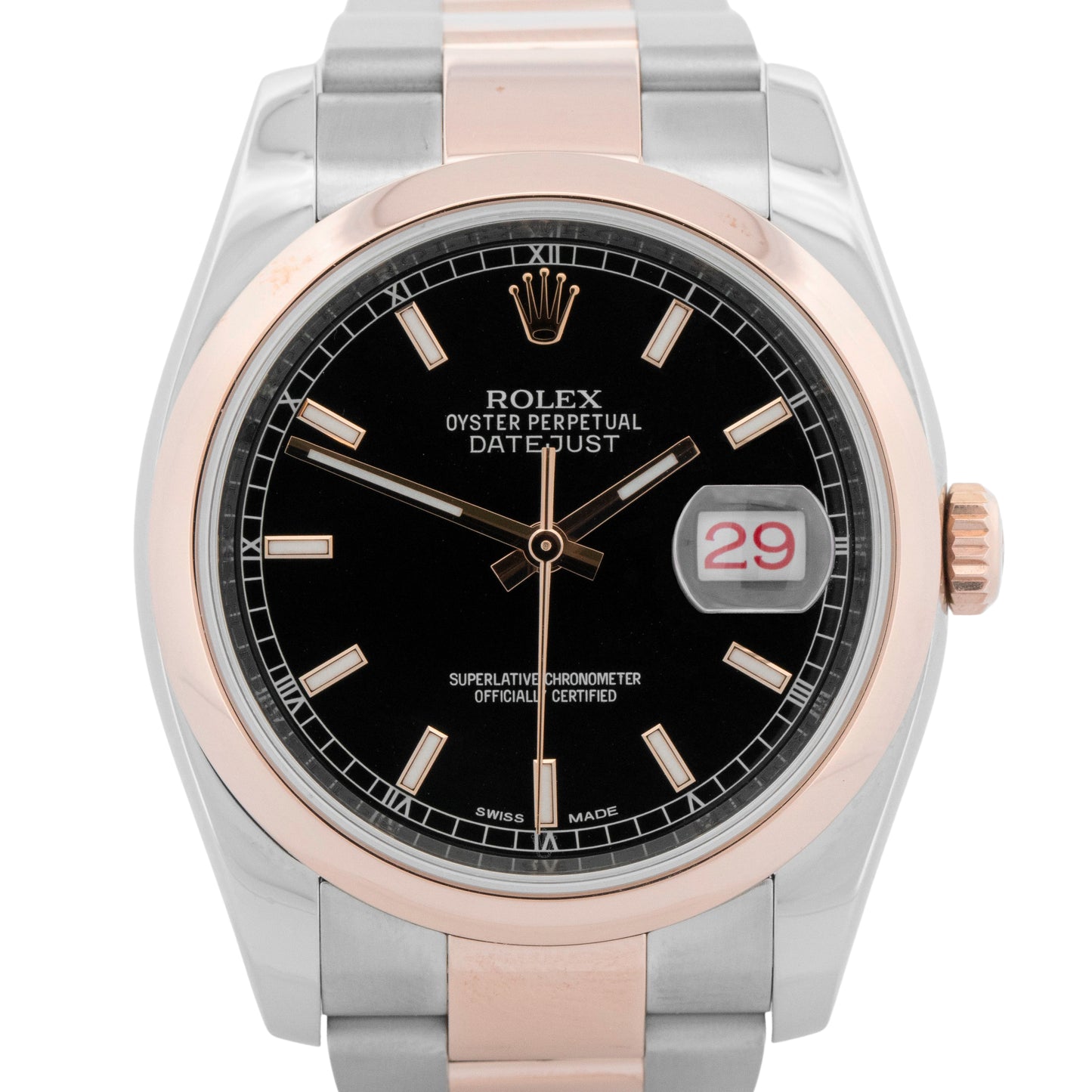 Rolex DateJust BLACK Two-Tone Rose Gold Stainless Steel 36mm 116201 Watch
