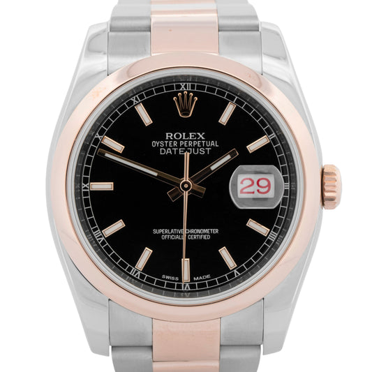 Rolex DateJust BLACK Two-Tone Rose Gold Stainless Steel 36mm 116201 Watch