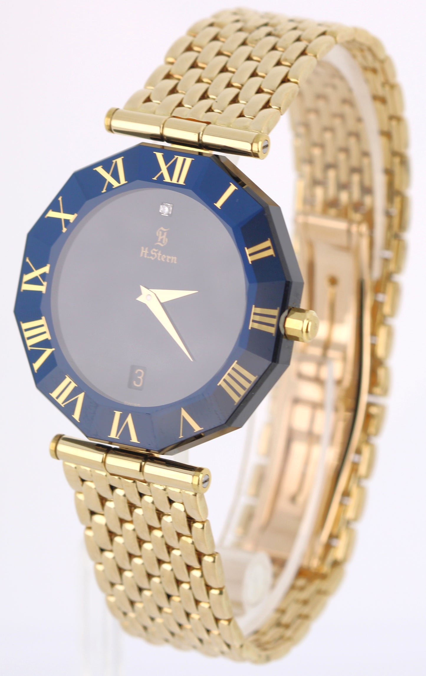 H Stern Safira 18k Gold Blue Sapphire Roman Bezel Black DIAMOND 34mm 091AM Watch