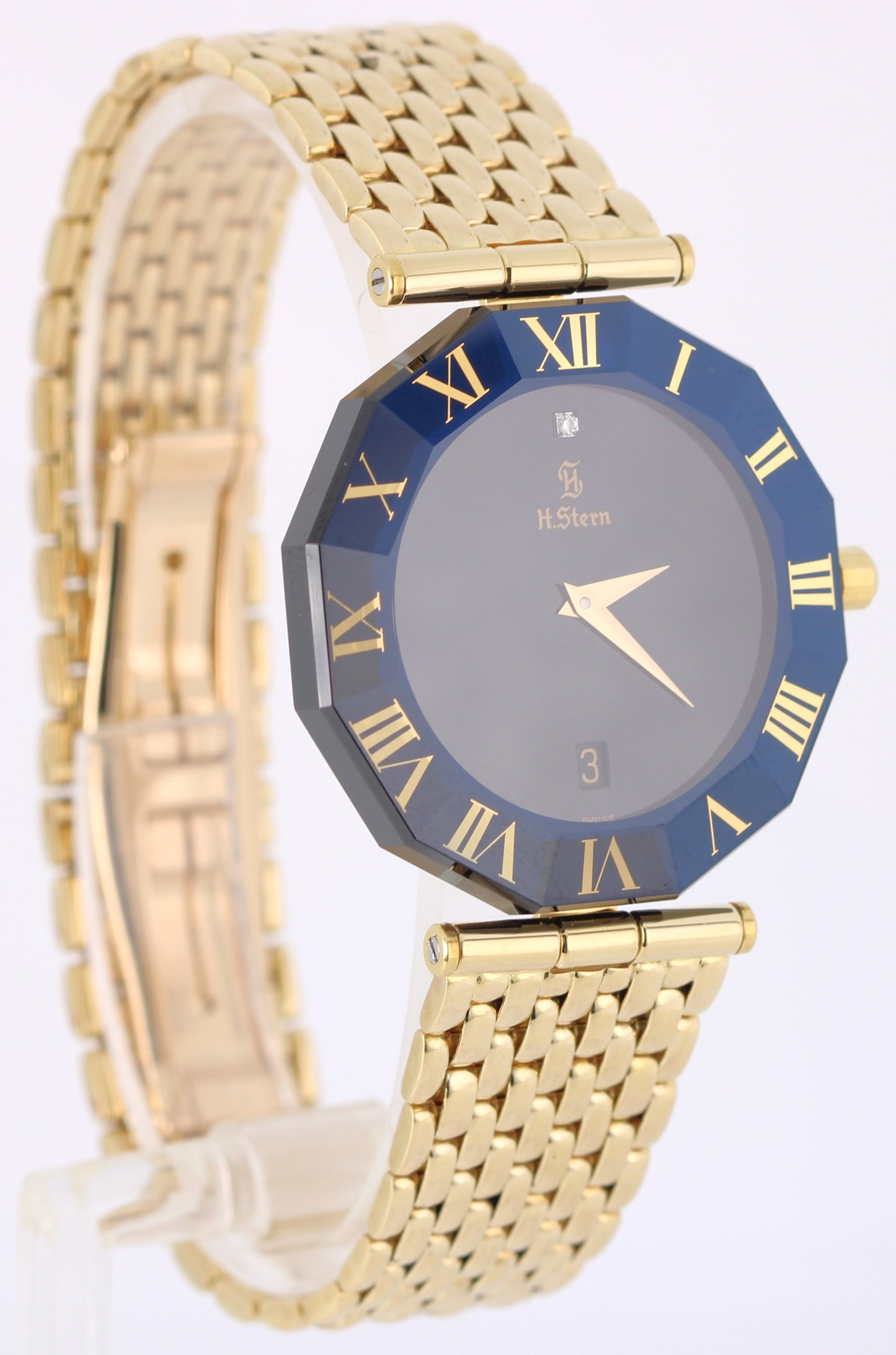 H Stern Safira 18k Gold Blue Sapphire Roman Bezel Black DIAMOND 34mm 091AM Watch