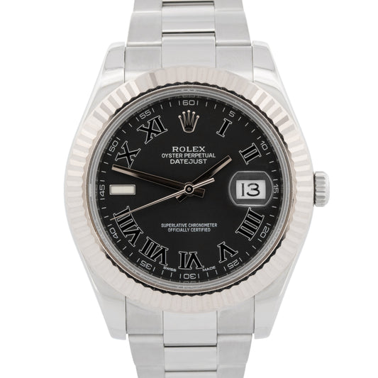 Rolex DateJust II BLACK ROMAN Stainless Steel 41mm 116334 Fluted Oyster Watch