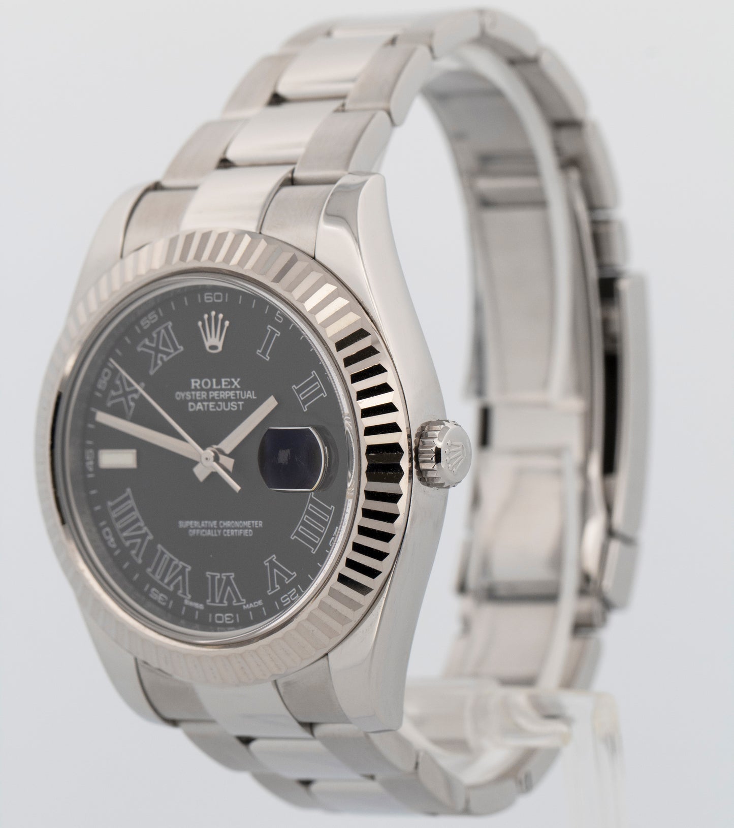 Rolex DateJust II BLACK ROMAN Stainless Steel 41mm 116334 Fluted Oyster Watch